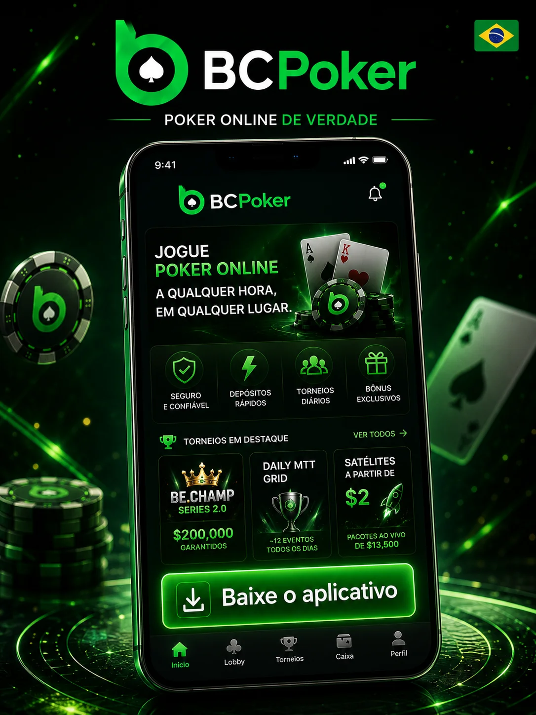 BC Poker app download on mobile with Brazil flag